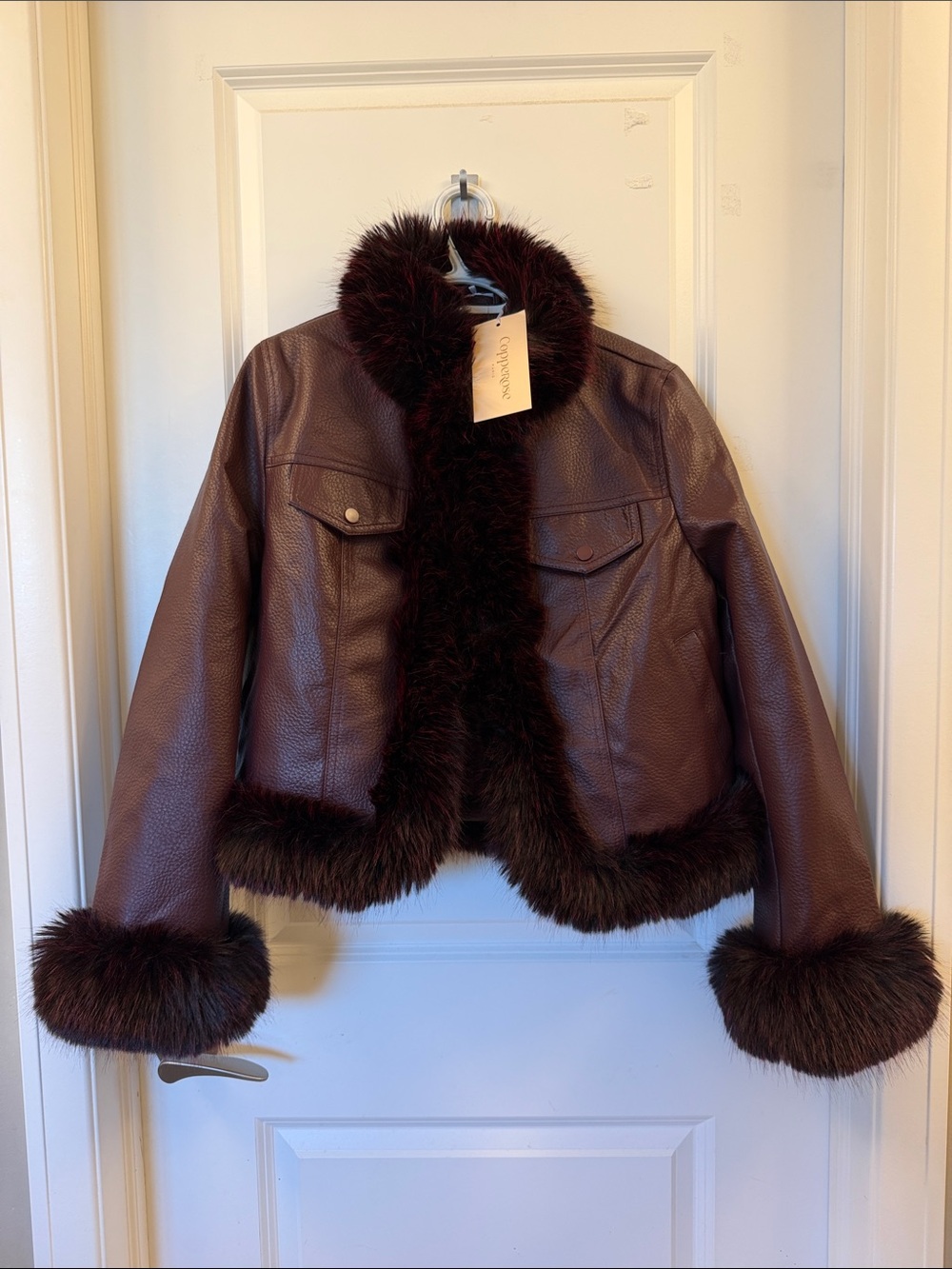Faux-Leather Burgundy Jacket with Fur Trim